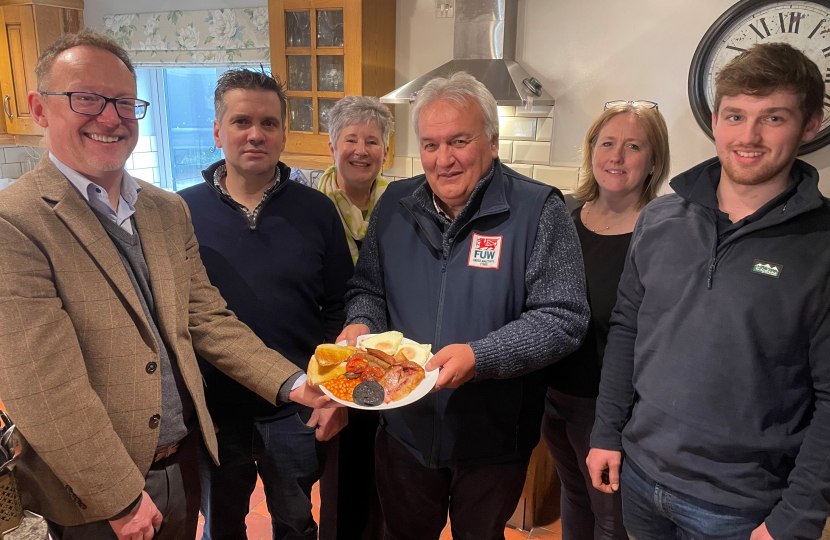 From left to right, Russell George MS, Jonathan Rees - Graig Farm Organics and breakfast host, Julie Turner - Russell George’s office, Wyn Williams - Montgomeryshire FUW County Chairman, Sally Rees - Graig Farm Organics and host, Maldwyn Rees - Graig Farm Organics and host