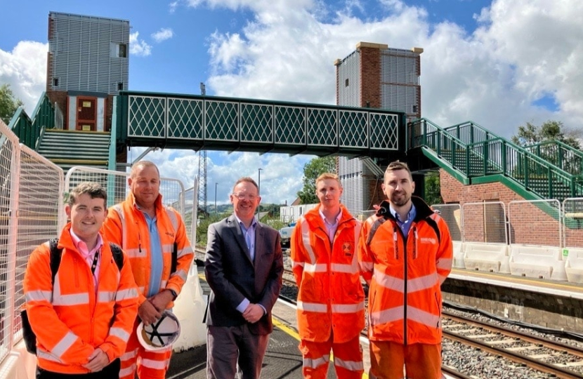 Russell George MS pictured with Network Rail team at Newtown train station.