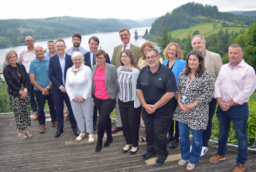 Montgomeryshire MP Craig Williams and Member of the Senedd Russell George with MWT Cymru’s chief executive Val Hawkins, operations manager Zoe Hawkins and representatives of member businesses at Lake Vyrnwy Hotel on Friday.   